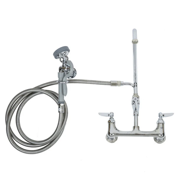 T&S Brass And Bronze Works T&S B-0175 Wall Mounted Pre-Rinse Faucet With Adjustable 8" Centers, Angled Spray Valve, 104" Hose, 12" Add-On Faucet, 90 Degree Swivel Adapter, And Wall Hook - Image 2