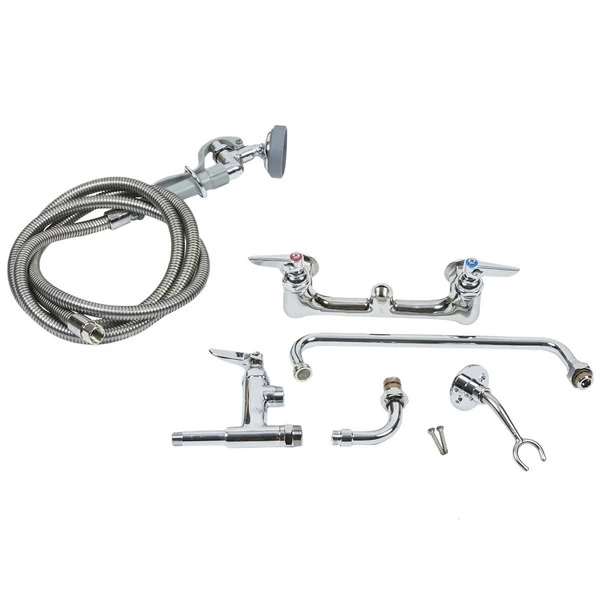 T&S Brass And Bronze Works T&S B-0175 Wall Mounted Pre-Rinse Faucet With Adjustable 8" Centers, Angled Spray Valve, 104" Hose, 12" Add-On Faucet, 90 Degree Swivel Adapter, And Wall Hook - Image 4