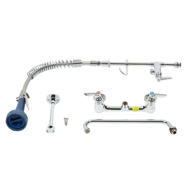 T&S Brass And Bronze Works T&S MPR-8WLN-12 EasyInstall Wall Mounted 22 1/8" High Mini Pre-Rinse Faucet With Adjustable 8" Centers, 1.07 GPM Ergonomic Spray Valve, 24" Hose, 12" Add-On Faucet, And 6" Wall Bracket - Image 4
