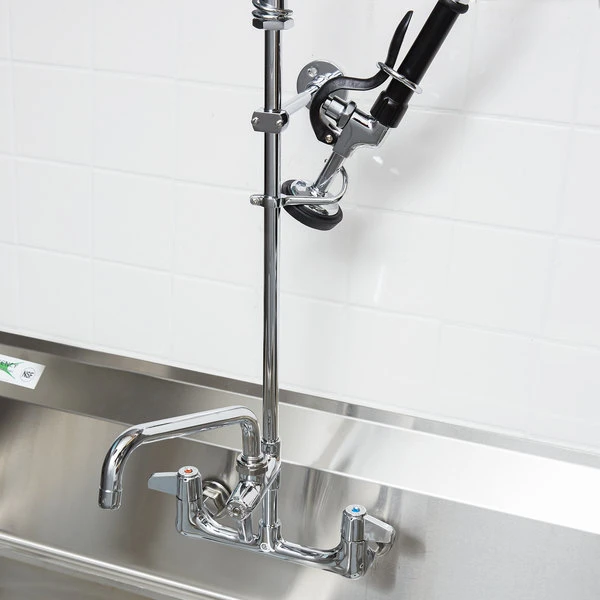 T&S Brass And Bronze Works Equip By T&S 5PR-8W08 Wall Mounted 35 3/4" High Pre-Rinse Faucet With 8" Adjustable Centers, 44" Hose, 8" Add-On Faucet, And 6" Wall Bracket