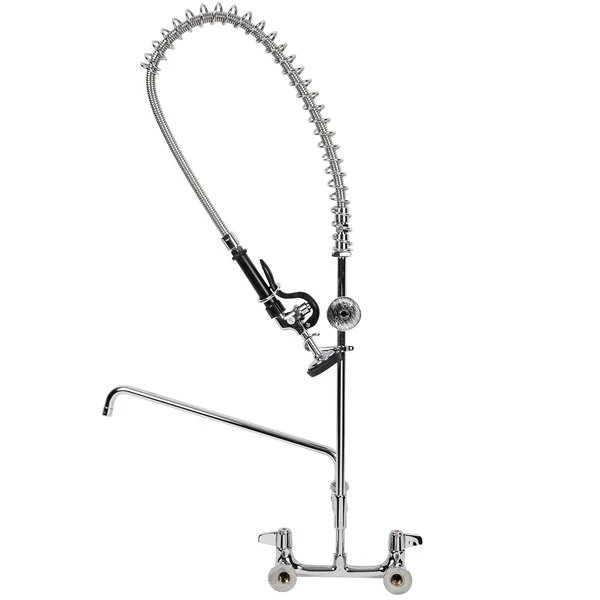 T&S Brass And Bronze Works Equip By T&S 5PR-8W18 Wall Mounted 42 1/2" High Pre-Rinse Faucet With 8" Adjustable Centers, 44" Hose, 18" Add-On Faucet, And 6" Wall Bracket - Image 4