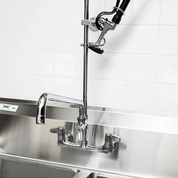 T&S Brass And Bronze Works Equip By T&S 5PR-8W18 Wall Mounted 42 1/2" High Pre-Rinse Faucet With 8" Adjustable Centers, 44" Hose, 18" Add-On Faucet, And 6" Wall Bracket