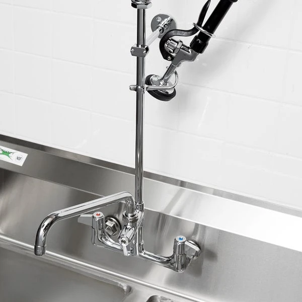 T&S Brass And Bronze Works Equip By T&S 5PR-8W10 Wall Mounted 42 1/2" High Pre-Rinse Faucet With 8" Adjustable Centers, 44" Hose, 10" Add-On Faucet, And 6" Wall Bracket