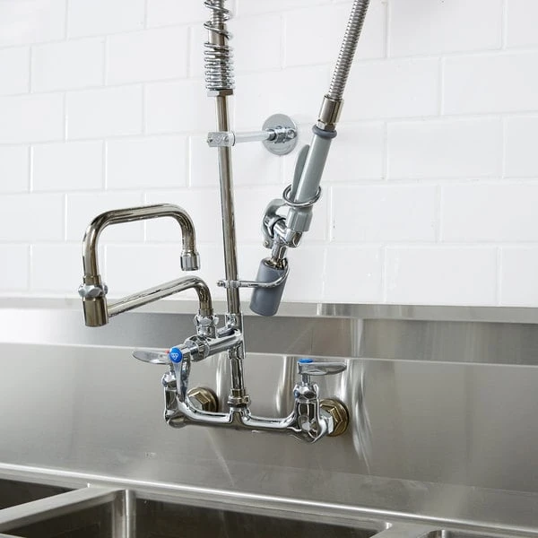 T&S Brass And Bronze Works T&S B-0154-CR-C Wall Mounted 31 3/4" High Pre-Rinse Faucet With Adjustable 8" Centers, 0.65 GPM Spray Valve, 44" Hose, 15" Double-Jointed Add-On Faucet, And 6" Wall Bracket