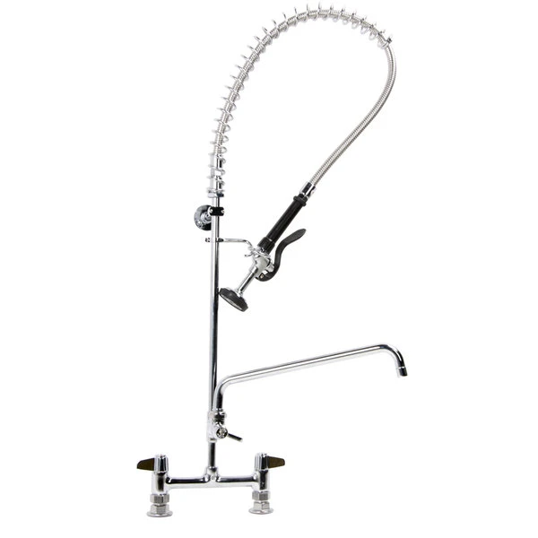 T&S Brass And Bronze Works Equip By T&S 5PR-8D14 Deck Mounted 38 1/4" High Pre-Rinse Faucet With 8" Adjustable Centers, 44" Hose, 14" Add-On Faucet, And 6" Wall Bracket