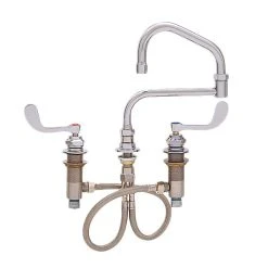 Fisher 59439 Deck Mounted Stainless Steel Faucet With Widespread Deck, 21" Double-Jointed Swing Nozzle, 2.2 GPM Aerator, And Wrist Handles