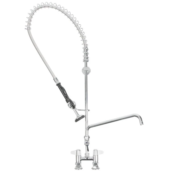 T&S Brass And Bronze Works Equip By T&S 5PR-4D12 Deck Mounted 38 1/4" High Pre-Rinse Faucet With 4" Adjustable Centers, 44" Hose, 12" Add-On Faucet, And 6" Wall Bracket