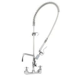 T&S Brass And Bronze Works T&S B-0287-427-BC EasyInstall Wall Mounted Pre-Rinse Faucet With 8" Centers, 44" Hose, 18" Riser, 12" Add-On Faucet, And Cross Handles