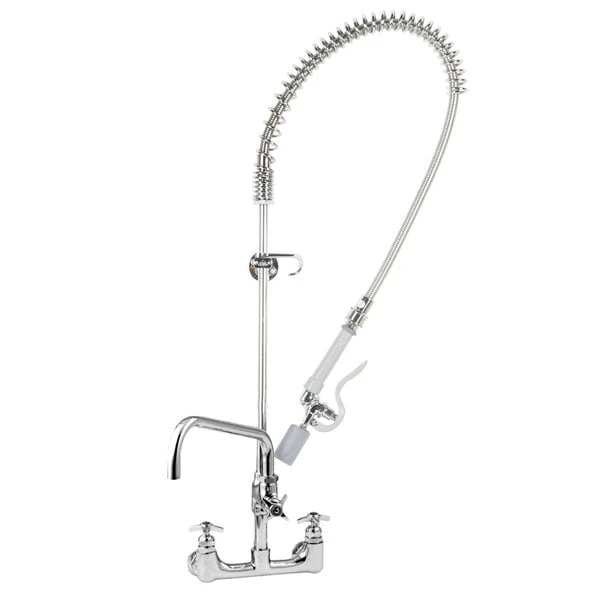T&S Brass And Bronze Works T&S B-0287-427-BC EasyInstall Wall Mounted Pre-Rinse Faucet With 8" Centers, 44" Hose, 18" Riser, 12" Add-On Faucet, And Cross Handles