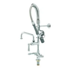 T&S Brass And Bronze Works T&S MPY-2DCN-08 Low Profile Deck Mounted Pre-Rinse Faucet With Flex Inlets, 24" Hose, 0.65 GPM Spray Valve, 8" Add-On Faucet, And Wall Bracket