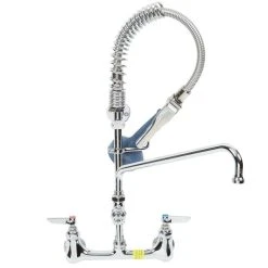 T&S Brass And Bronze Works T&S MPR-8WLN-08-CRS Low Profile Wall Mounted Pre-Rinse Faucet With 8" Centers, 24" Hose, 1.07 GPM Spray Valve, Swivel, 8" Add-On Faucet, And Wall Bracket