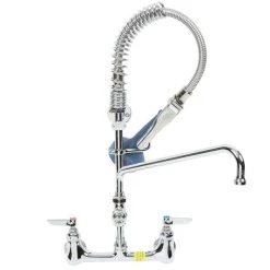 T&S Brass And Bronze Works T&S MPR-2DLN-08-CRS Low Profile Deck Mounted Pre-Rinse Faucet With 8" Centers, 24" Hose, 1.07 GPM Spray Valve, Swivel, 8" Add-On Faucet, And Wall Bracket
