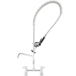 T&S Brass And Bronze Works Equip By T&S 5PR-8D08 Deck Mounted 38 1/4" High Pre-Rinse Faucet With 8" Adjustable Centers, 44" Hose, 8" Add-On Faucet, And 6" Wall Bracket