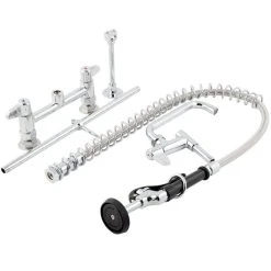 T&S Brass And Bronze Works Equip By T&S 5PR-8D08 Deck Mounted 38 1/4" High Pre-Rinse Faucet With 8" Adjustable Centers, 44" Hose, 8" Add-On Faucet, And 6" Wall Bracket -Faucet Equipment Shop 1607917