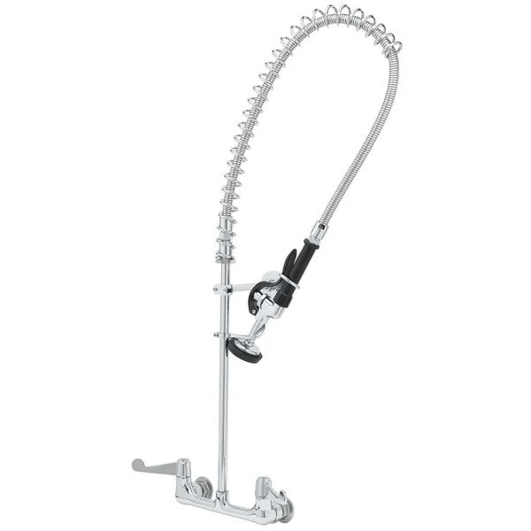 T&S Brass And Bronze Works Equip By T&S 5PR-8WWS00 Wall Mounted 31 1/2" High Pre-Rinse Faucet With 8" Adjustable Centers, Wrist Action Handles, 44" Hose, Supply Inlet Kit, And 6" Wall Bracket