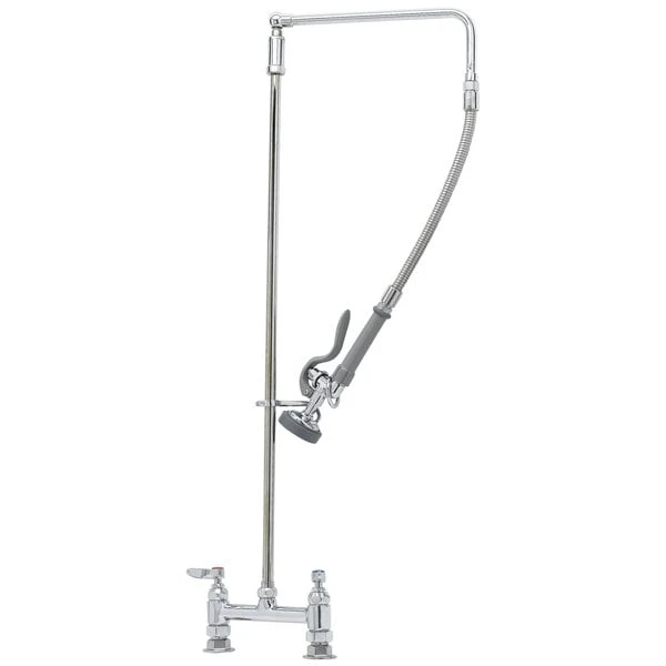 T&S Brass And Bronze Works T&S B-0121 Deck Mounted 38 3/8" High Pre-Rinse Faucet With Adjustable 8" Centers, Swivel Arm, And 20" Hose