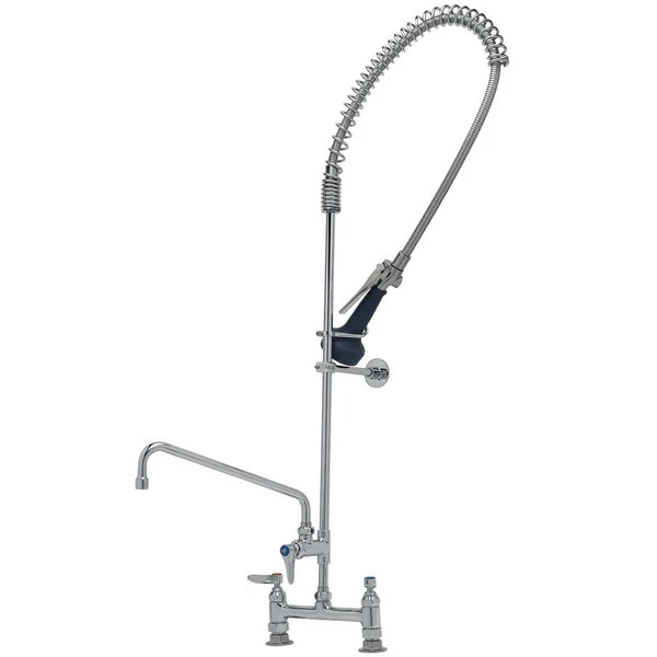 T&S Brass And Bronze Works T&S B-0123-A12-B08C EasyInstall Deck Mounted 46" High Pre-Rinse Faucet With Adjustable 8" Centers, Ergonomic Low Flow Spray Valve, 44" Hose, 12" Add-On Faucet, And 6" Wall Bracket