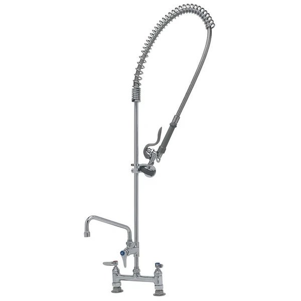 T&S Brass And Bronze Works T&S B-0123-ADF08-B EasyInstall Deck Mounted 49 1/4" High Pre-Rinse Faucet With Adjustable 8" Centers, 44" Hose, 8" Add-On Faucet, And Wall Bracket