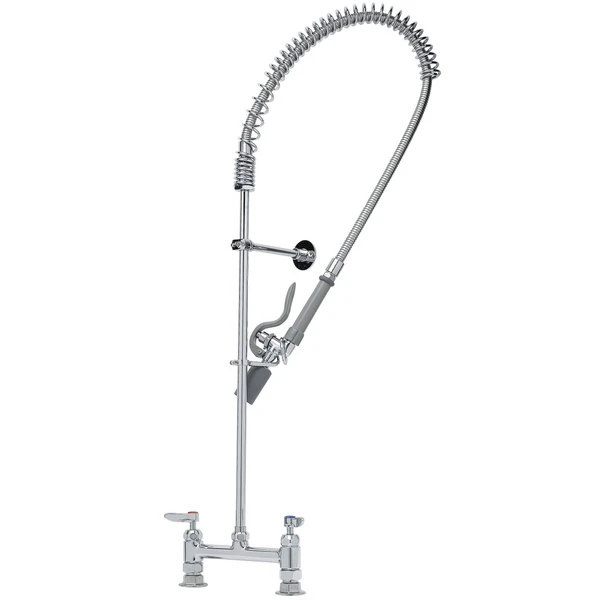 T&S Brass And Bronze Works T&S B-0123-BC EasyInstall Deck Mounted 45" High Pre-Rinse Faucet With Adjustable 8" Centers, Low Flow Spray Valve, 44" Hose, And 6" Wall Bracket