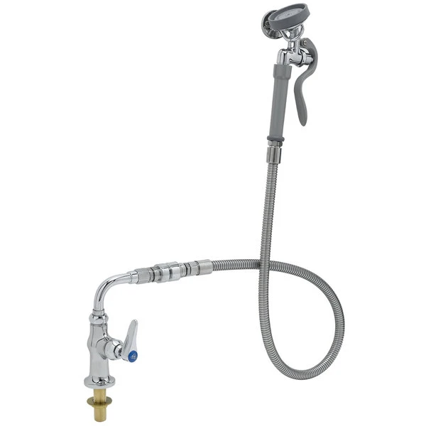 T&S Brass And Bronze Works T&S B-0205-44H-VB Deck Mounted Pre-Rinse Faucet With Single Inlet, Angled Spray Valve, 44" Hose, 90 Degree Swivel Adapter, Vacuum Breaker, And Wall Hook - Image 2