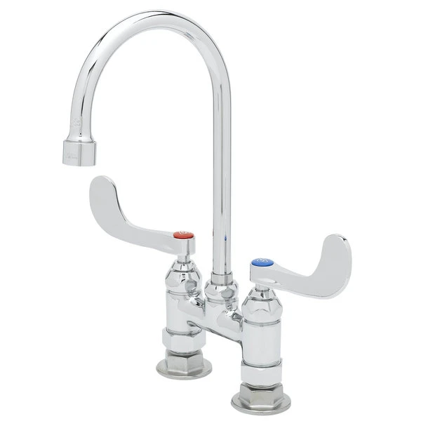 T&S Brass And Bronze Works T&S B-0328-CR Deck Mount Mixing Faucet With 4" Centers, 5 9/16" Gooseneck Spout, Cerama Cartridges, And 4" Wrist Action Handles