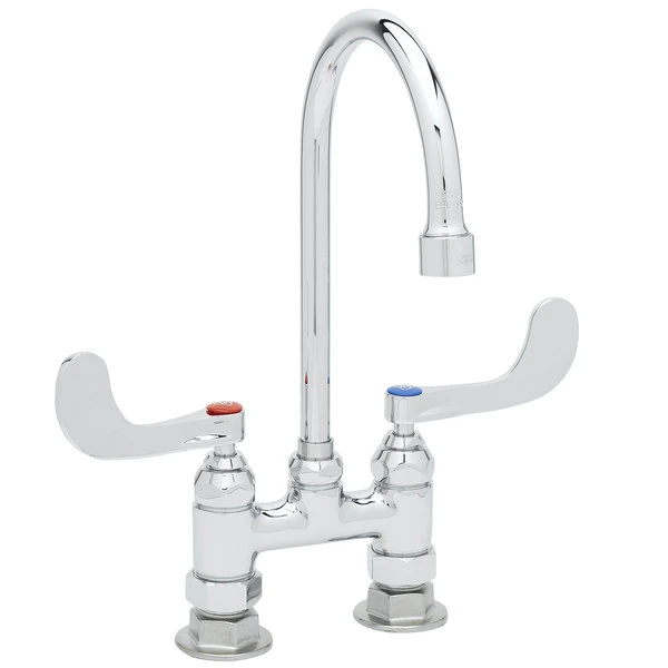 T&S Brass And Bronze Works T&S B-0328-CR Deck Mount Mixing Faucet With 4" Centers, 5 9/16" Gooseneck Spout, Cerama Cartridges, And 4" Wrist Action Handles - Image 2