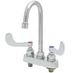 T&S Brass And Bronze Works T&S B-1141-02A-WH4 Deck Mount Workboard Faucet With Wrist Action Handles, 4" Centers, 4 3/8" Gooseneck, Escutcheon And Tailpieces