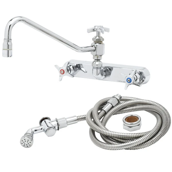 T&S Brass And Bronze Works T&S B-1157-12 Wall Mount Workboard Faucet With 8" Centers, 11 7/8" Nozzle, Escutcheon, 72" Hose, And Angled Spray Valve