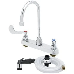 T&S Brass And Bronze Works T&S B-1172-07-WH4 Deck Mount Workboard Faucet With 8" Centers, 5 3/4" Gooseneck Spout, 4" Wrist Action Handles, And Sidespray