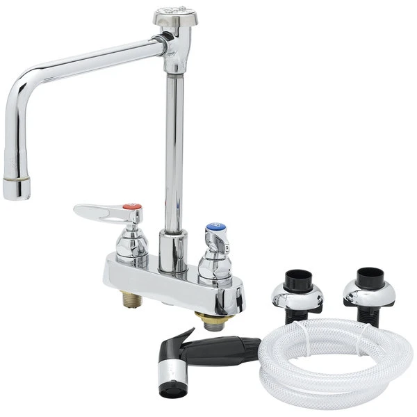 T&S Brass And Bronze Works T&S B-1177 Deck Mounted Workboard Faucet With Self-Closing Spray Valve And 4" Centers - 11" High Rigid Vacuum Breaker Nozzle With 8 5/8" Spread