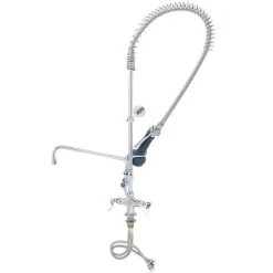 T&S Brass And Bronze Works T&S B-2338-08C Deck Mounted 43 1/2" High Pre-Rinse Faucet With Flex Inlets, 44" Hose, Low Flow Ergonomic Spray Valve, 12" Add-On Faucet, And Wall Bracket