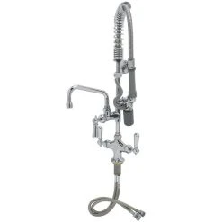 T&S Brass And Bronze Works T&S MPY-2DCN-06 EasyInstall Deck Mounted 24 3/4" High Mini Pre-Rinse Faucet With Flex Inlets, Low Flow Spray Valve, Club Handles, 24" Hose, 6" Add-On Faucet, And 6" Wall Bracket