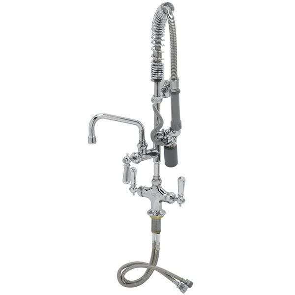 T&S Brass And Bronze Works T&S MPY-2DCN-06 EasyInstall Deck Mounted 24 3/4" High Mini Pre-Rinse Faucet With Flex Inlets, Low Flow Spray Valve, Club Handles, 24" Hose, 6" Add-On Faucet, And 6" Wall Bracket