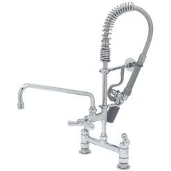 T&S Brass And Bronze Works T&S MPY-8DCN-12-CR EasyInstall Deck Mounted 24 3/4" High Mini Pre-Rinse Faucet With Adjustable 8" Centers, Low Flow Spray Valve, Club Handles, 24" Hose, 12" Add-On Faucet, And 6" Wall Bracket
