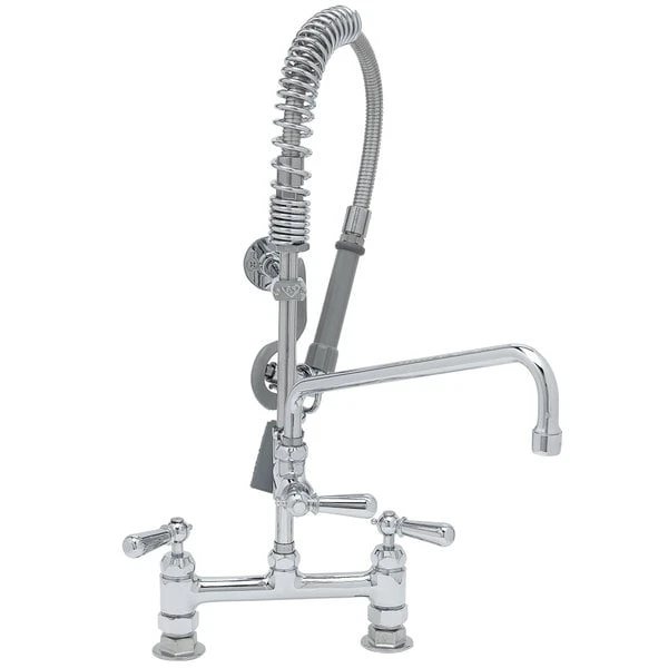 T&S Brass And Bronze Works T&S MPY-8DCN-12-CR EasyInstall Deck Mounted 24 3/4" High Mini Pre-Rinse Faucet With Adjustable 8" Centers, Low Flow Spray Valve, Club Handles, 24" Hose, 12" Add-On Faucet, And 6" Wall Bracket - Image 2