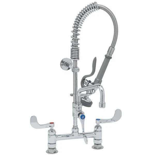 T&S Brass And Bronze Works T&S MPZ-8DWN-08-CR EasyInstall Deck Mounted 24 9/16" High Mini Pre-Rinse Faucet With Adjustable 8" Centers, 4" Wrist Action Handles, 24" Hose, 8" Add-On Faucet, And 6" Wall Bracket - Image 2
