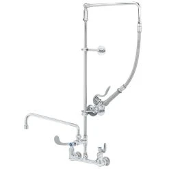 T&S Brass And Bronze Works T&S B-2466 Wall Mounted 33 9/16" High Pre-Rinse Faucet With Adjustable 8" Centers, 4" Wrist Action Handles, Swivel Arm, 20" Hose, 12 1/16" Add-On Faucet, And 6" Wall Bracket
