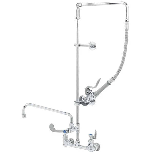 T&S Brass And Bronze Works T&S B-2466 Wall Mounted 33 9/16" High Pre-Rinse Faucet With Adjustable 8" Centers, 4" Wrist Action Handles, Swivel Arm, 20" Hose, 12 1/16" Add-On Faucet, And 6" Wall Bracket