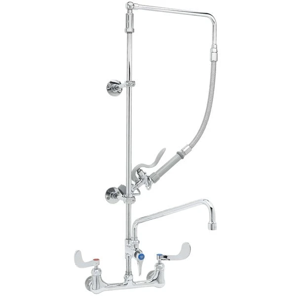 T&S Brass And Bronze Works T&S B-2466 Wall Mounted 33 9/16" High Pre-Rinse Faucet With Adjustable 8" Centers, 4" Wrist Action Handles, Swivel Arm, 20" Hose, 12 1/16" Add-On Faucet, And 6" Wall Bracket - Image 2