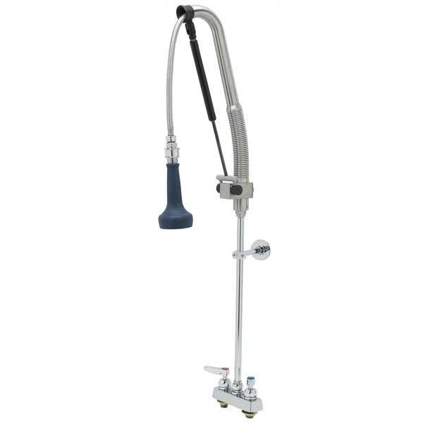 T&S Brass And Bronze Works T&S B-5110-CR-B8P 40 13/16" High Deck Mounted DuraPull Pre-Rinse Faucet 4" Workboard Centers, 30" Hose, 1.07 GPM Spray Valve, And Wall Bracket