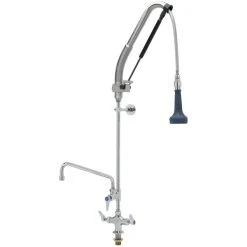T&S Brass And Bronze Works T&S B-0113-12-CRB8P 47 1/8" High Deck Mounted DuraPull Pre-Rinse Faucet With Flex Inlets, 30" Hose, 1.07 GPM Spray Valve, 12" Add-On Faucet, And Wall Bracket