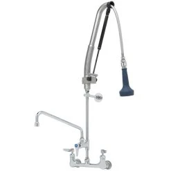 T&S Brass And Bronze Works T&S B-0133-12-CRB8P 38 7/16" High Wall Mounted DuraPull Pre-Rinse Faucet 8" Adjustable Centers, 30" Hose, 1.07 GPM Spray Valve, 12" Add-On Faucet, And Wall Bracket