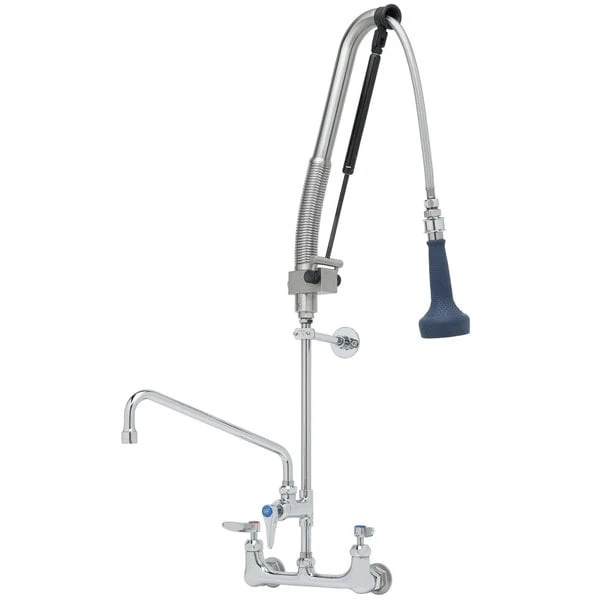 T&S Brass And Bronze Works T&S B-0133-12-CRB8P 38 7/16" High Wall Mounted DuraPull Pre-Rinse Faucet 8" Adjustable Centers, 30" Hose, 1.07 GPM Spray Valve, 12" Add-On Faucet, And Wall Bracket