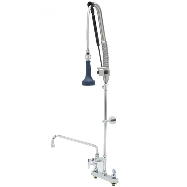 T&S Brass And Bronze Works T&S B-5120-12CRB8TP 47 3/16" High Deck Mounted DuraPull Pre-Rinse Faucet 8" Workboard Centers, 30" Hose, 1.07 GPM Spray Valve, 12" Add-On Faucet, Accessory Tee, And Wall Bracket