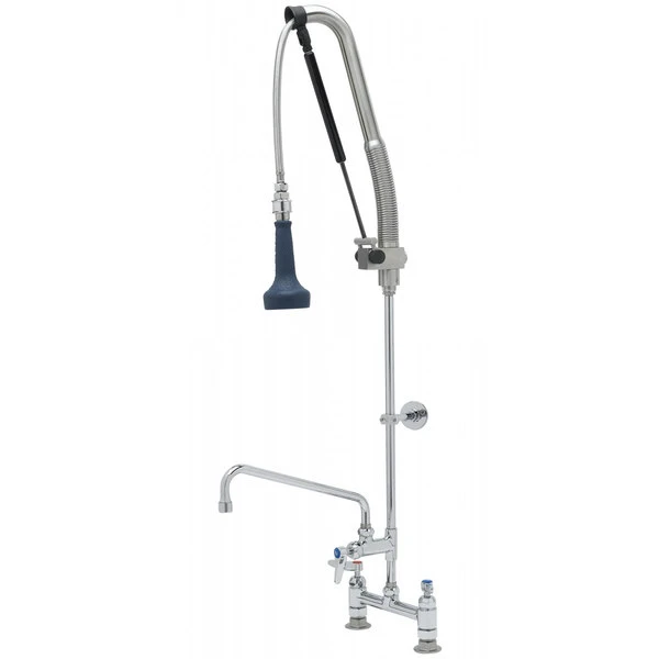 T&S Brass And Bronze Works T&S B-0123-12-CRB8P 45 3/16" High Deck Mounted DuraPull Pre-Rinse Faucet 8" Adjustable Centers, 30" Hose, 1.07 GPM Spray Valve, 12" Add-On Faucet, And Wall Bracket