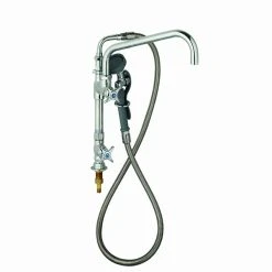 T&S Brass And Bronze Works T&S BF-0176 Deck Mounted Pre-Rinse Faucet With Single Inlet, Angled Spray Valve, 4-Arm Handles, 60" Hose, 12" Add-On Faucet, And 90 Degree Swivel Adapter