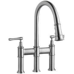 Elkay LKEC2037LS Explore Deck Mount Lustrous Steel Bridge Faucet With Pull-Down Spray Head And Lever Handles