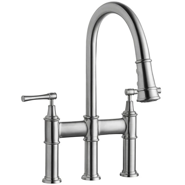 Elkay LKEC2037LS Explore Deck Mount Lustrous Steel Bridge Faucet With Pull-Down Spray Head And Lever Handles