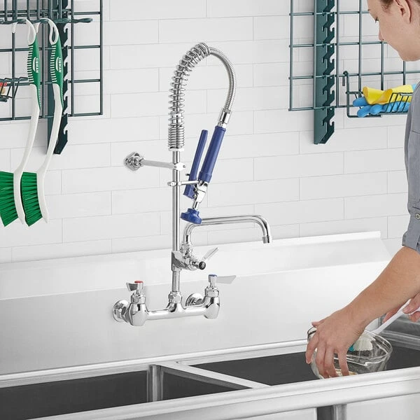 Waterloo 0.65 GPM Low Profile Wall-Mounted Pre-Rinse Faucet With 8" Centers And 8" Add-on Faucet 3 Waterloo 0.65 GPM Low Profile Wall-Mounted Pre-Rinse Faucet With 8" Centers And 8" Add-on Faucet