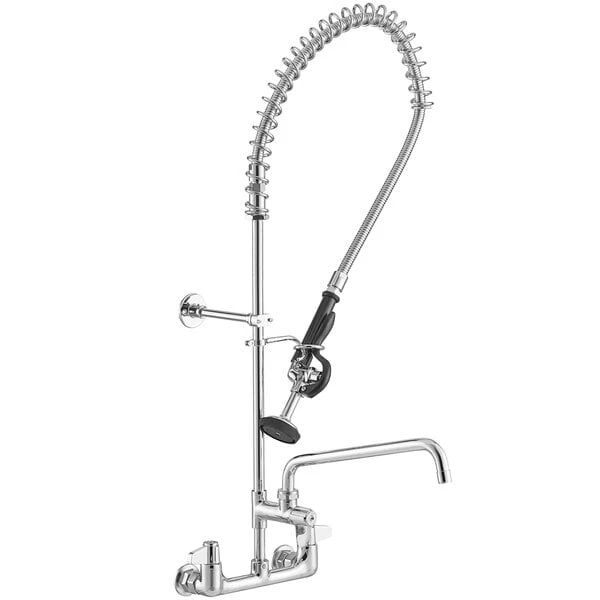 T&S Brass And Bronze Works Equip By T&S 5PR-8W12 Wall Mounted 35 3/4" High Pre-Rinse Faucet With 8" Adjustable Centers, 44" Hose, 12" Add-On Faucet, And 6" Wall Bracket - Image 2